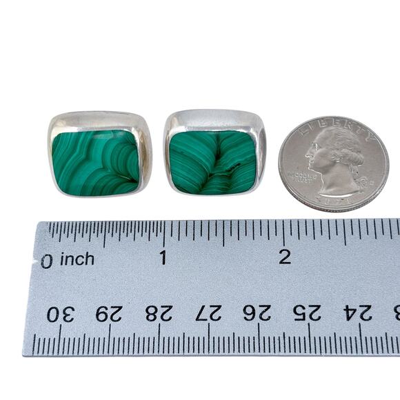 Estate Mexico Sterling Silver 925 Green Malachite Earrings - Picture 7 of 8
